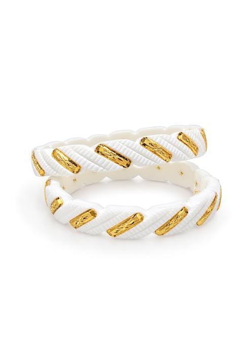 Original Sakha White and Golden Designer Bangles Ethnic Shakha Pola Style Designer Kangan with Gold Pack of 2