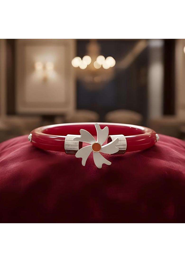 Stylish Red Pola Bangle with Silver Floral Design for Women - Indya