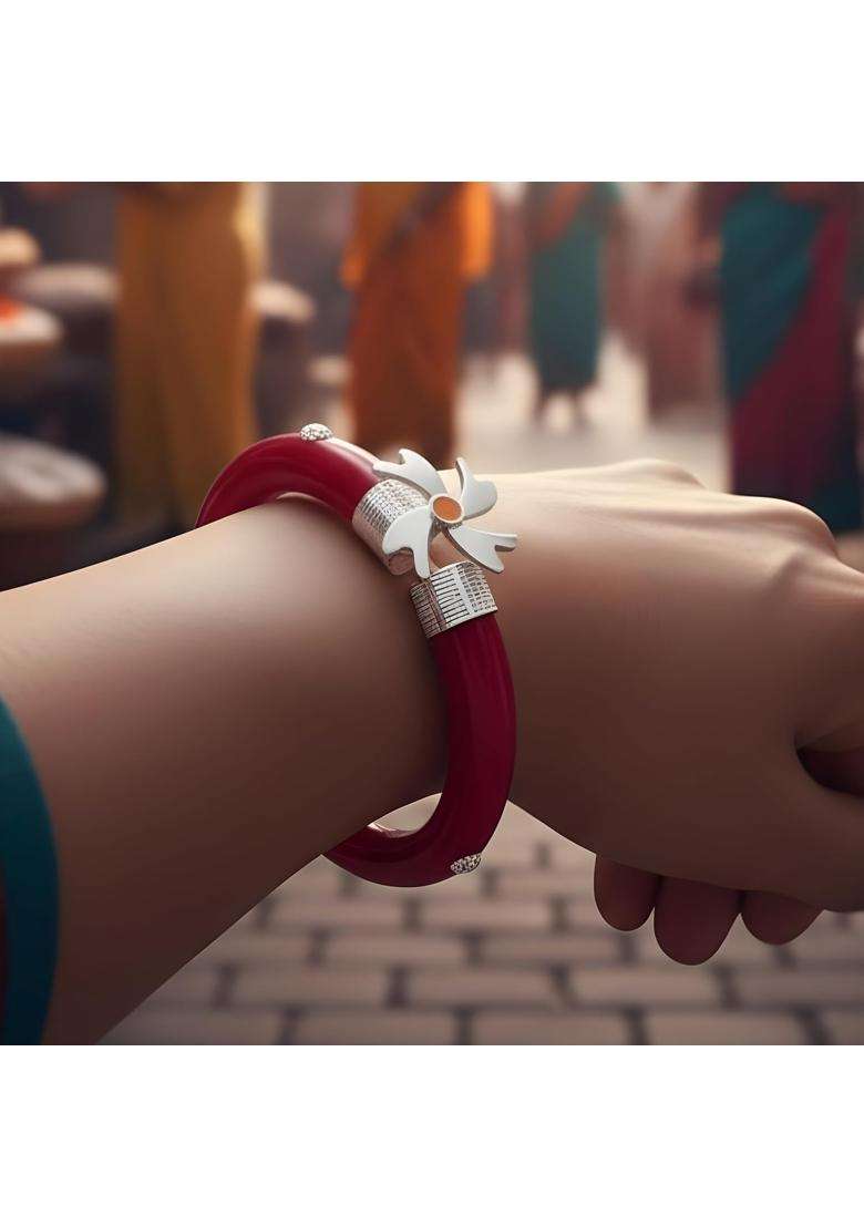 Stylish Red Pola Bangle with Silver Floral Design for Women - Indya
