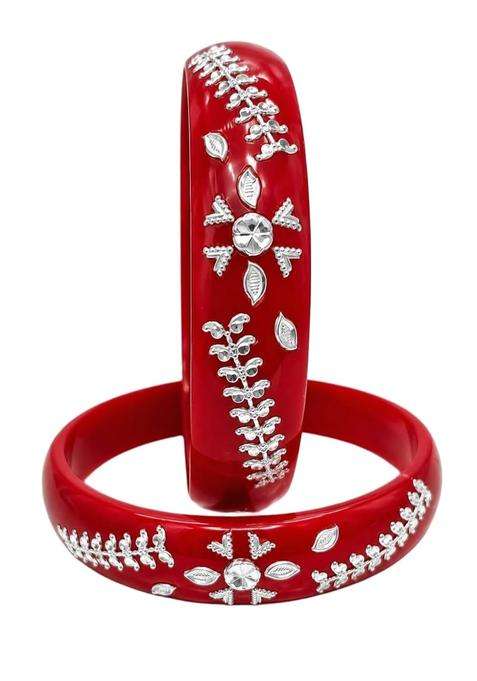 IRA and PEU Premium Silver Floral Pola Bangles for Women Red Traditional Bengali Designer Bangle Set