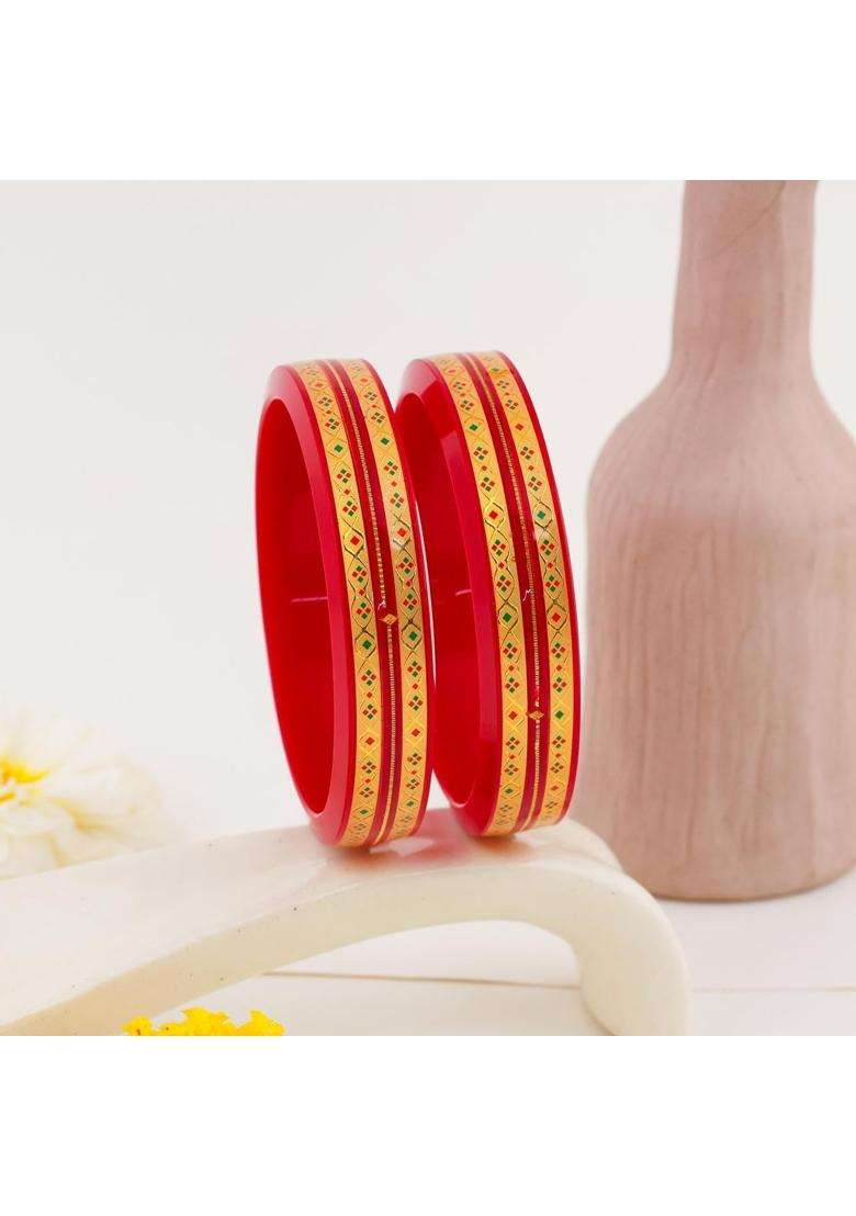 BAPA Sitaram Gold Bapasitaram Jewels Traditional Red Pola Bangles with Wide 22K Gold Set of 2 - Indya