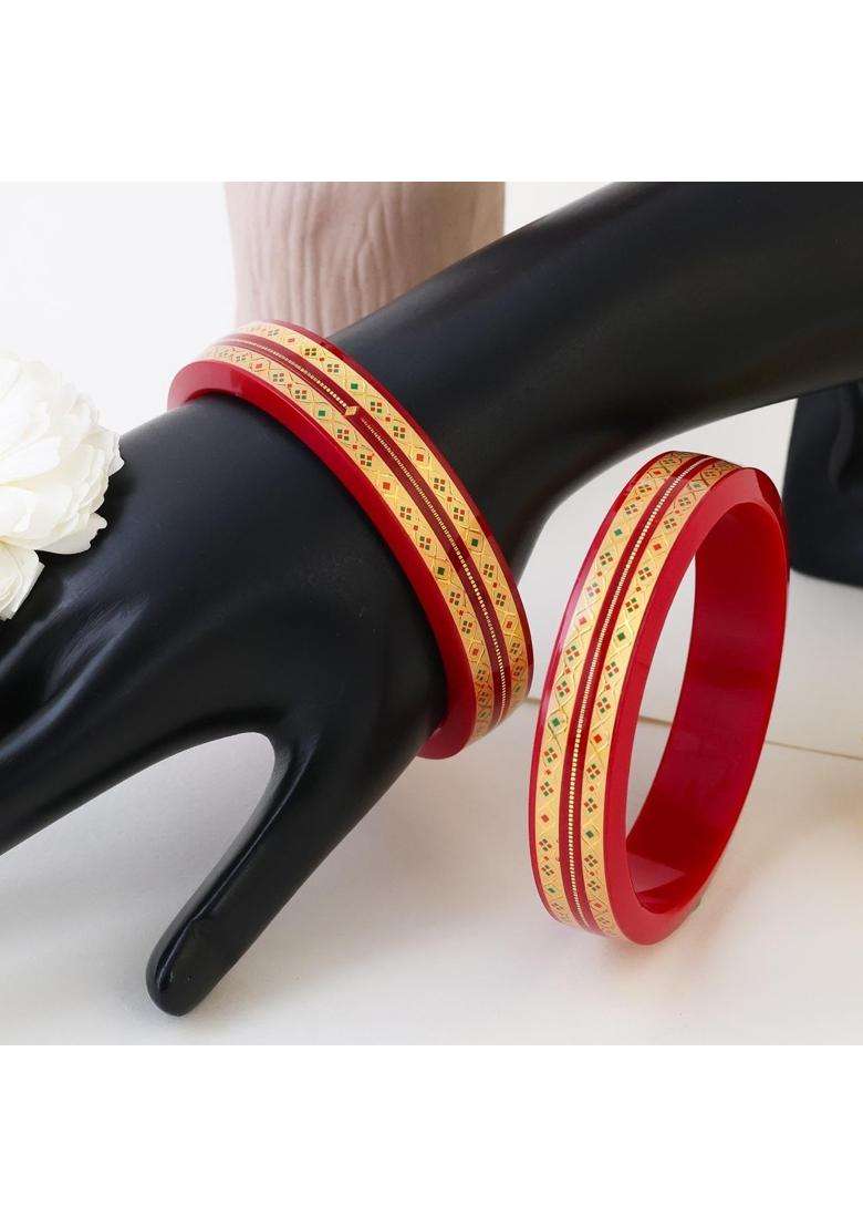 BAPA Sitaram Gold Bapasitaram Jewels Traditional Red Pola Bangles with Wide 22K Gold Set of 2 - Indya