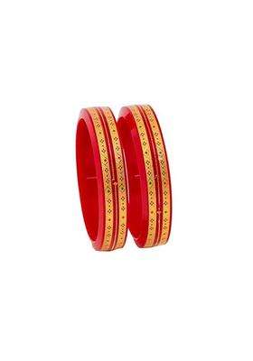 Bapasitaram Jewels Traditional Red Pola Bangles with Wide 22K Gold Diamond Pattern Enamel Detail Set of 2