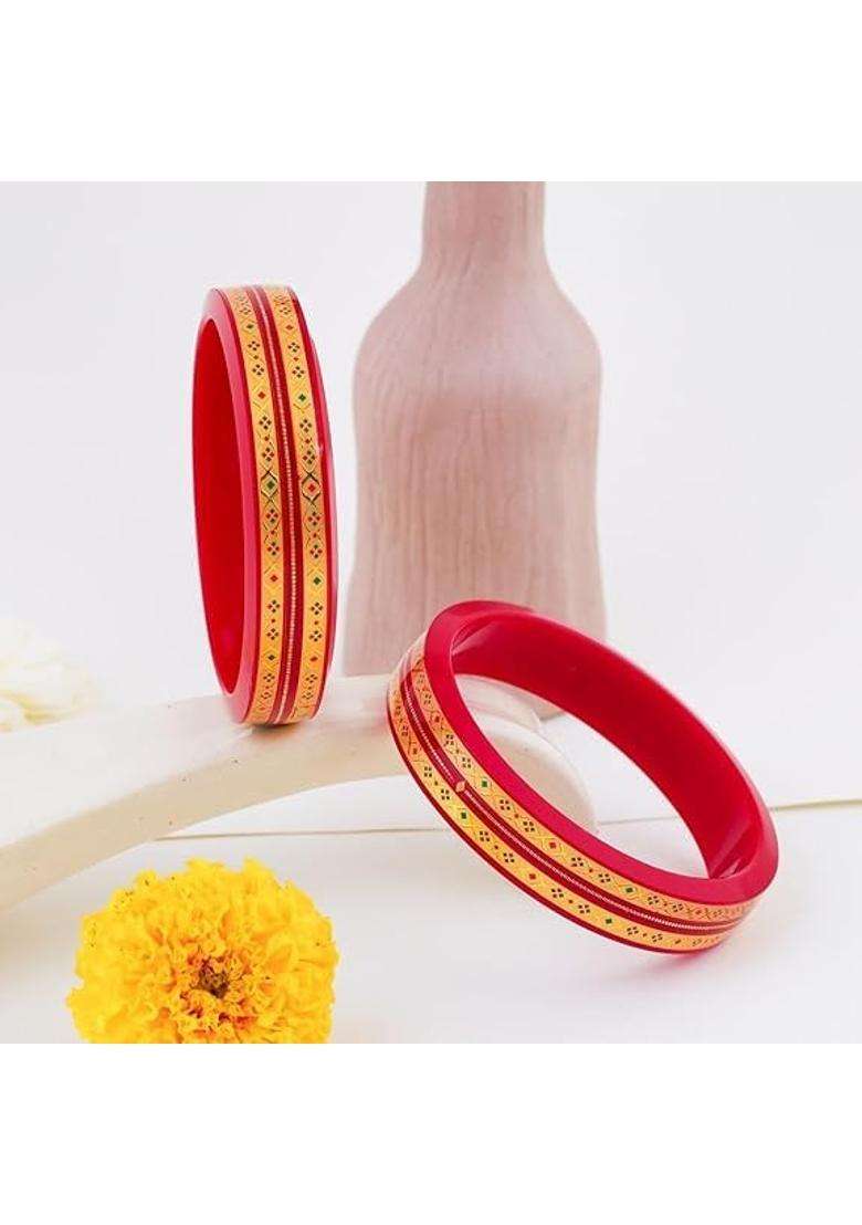 Bapasitaram Jewels Traditional Red Pola Bangles with Wide 22K Gold Diamond Pattern Enamel Detail Set of 2 - Indya