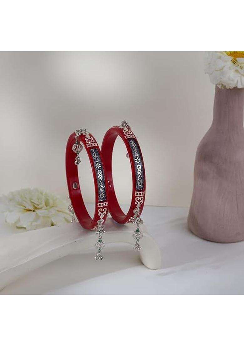 Bapasitaram Jewels 925 Sterling Silver Red Pola Bangles with Oxidized Floral Inlay and Green Bead Hanging - Indya