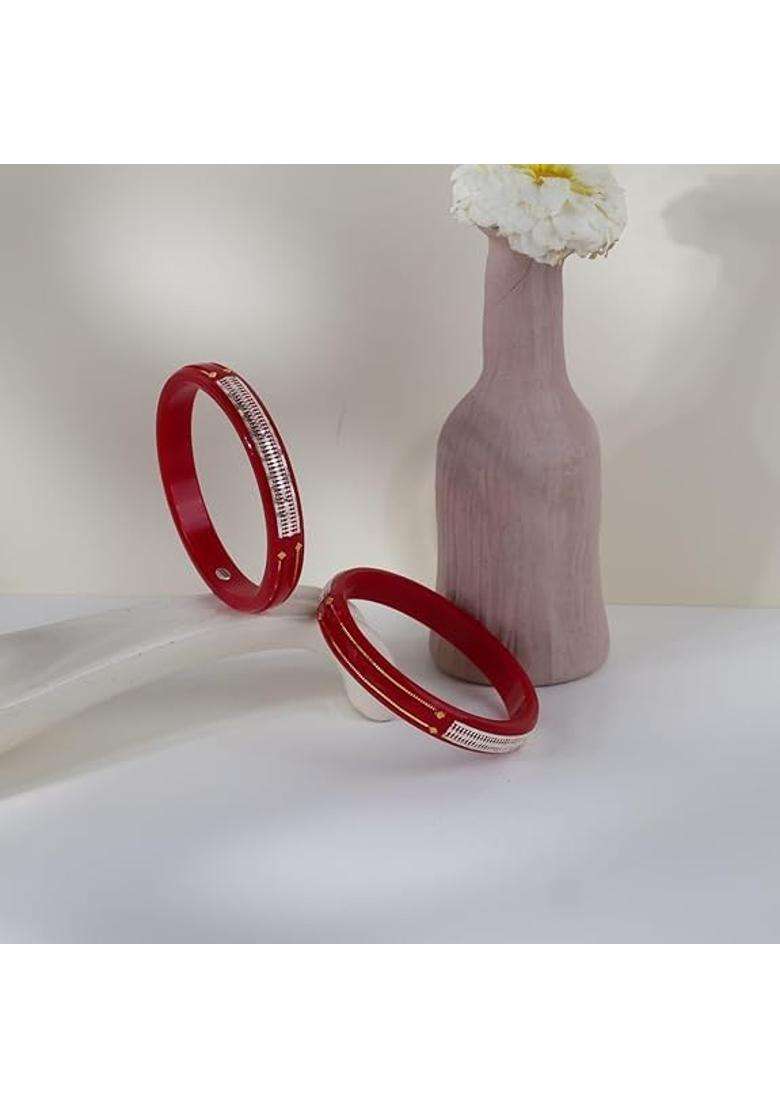 Bapasitaram Jewels 925 Sterling Silver and 22K Gold Plated Red Pola Bangles with Geometric Inlay Set of 2 - Indya