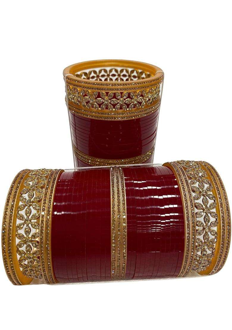 Womens Maroon Bridal Punjabi Choora Set Size 2 Point 2 - Indya