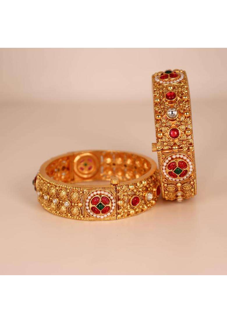Garnisha Premium Royal Rajwadi Bangles for Women and Girls Traditional Gold Plated Wedding Jewellery Set of 2 - Indya