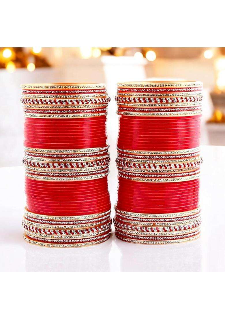 Lucky Jewellery Bridal Bangle Set Dhanteras Diwali Bhai Dooj Collection Ethnic Red Acrylic Punjabi Choora - Indya