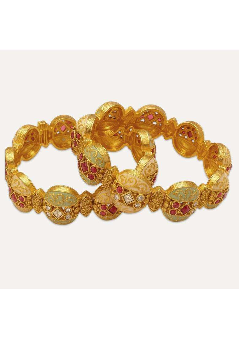 Garnisha Premium Rajwadi Bangles for Women and Girls Traditional Gold Plated Wedding Jewellery Set of 2 - Indya