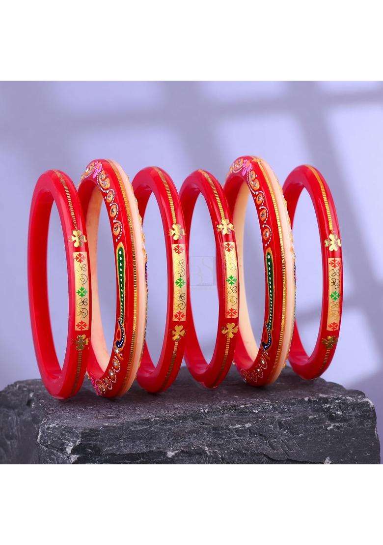 Bapasitaram Jewels Traditional Handcrafted Red and Ivory Bridal Bangles Set with 22K Gold Certified Detailing - Indya