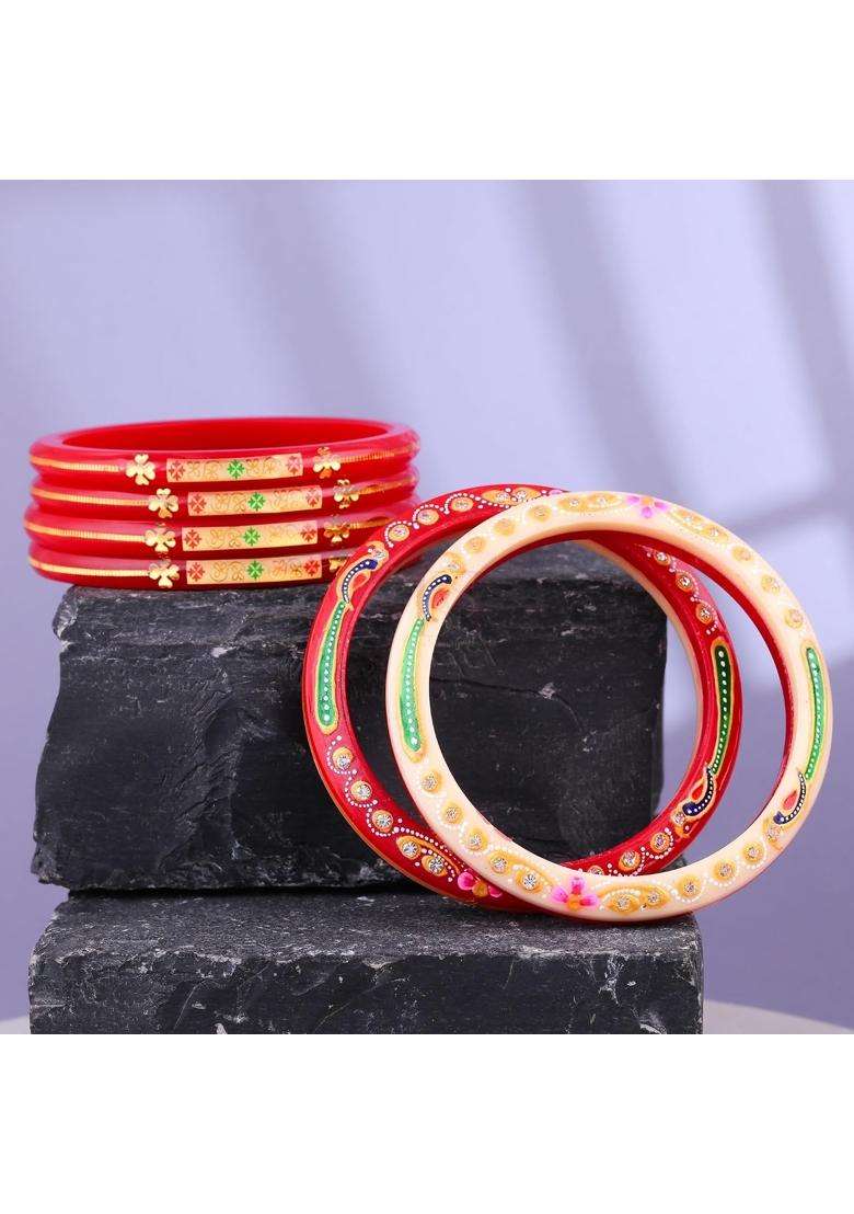 Bapasitaram Jewels Traditional Handcrafted Red and Ivory Bridal Bangles Set with 22K Gold Certified Detailing - Indya