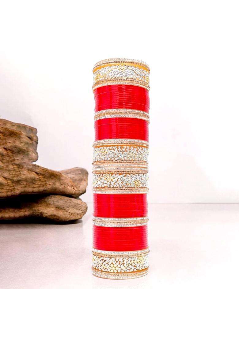 Lucky Jewellery Bridal Bangle Set Dhanteras Diwali Bhai Dooj Collection Red Designer AD and Golden Stone - Indya