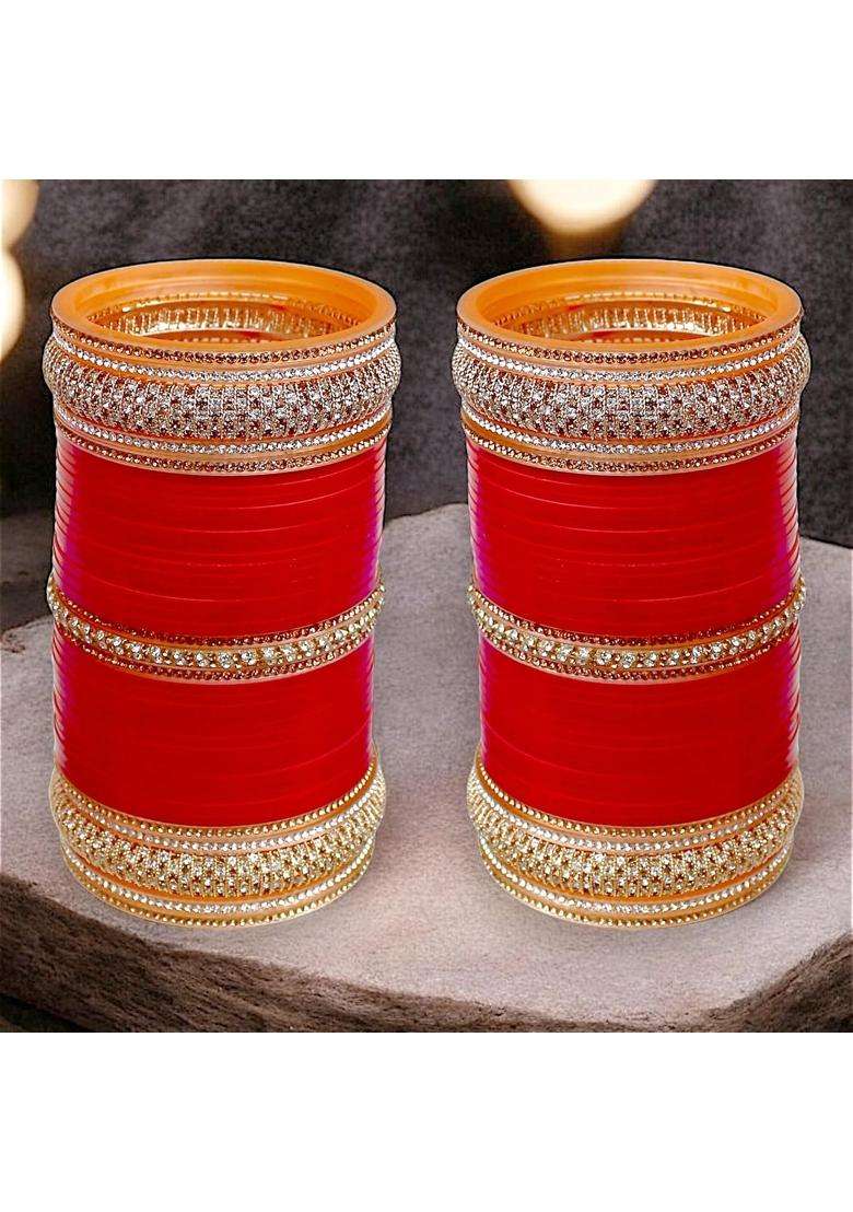 Lucky Jewellery Bridal Bangle Set Dhanteras Diwali Bhai Dooj Collection Punjabi Chuda Designer Golden Stone - Indya
