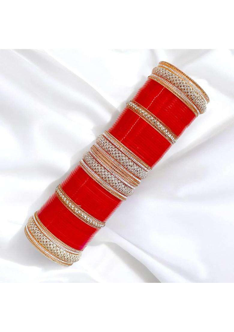 Lucky Jewellery Bridal Bangle Set Dhanteras Diwali Bhai Dooj Collection Punjabi Chuda Designer Golden Stone - Indya