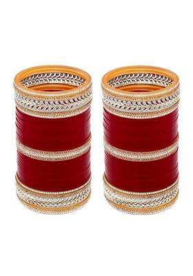 Lucky Jewellery Bridal Bangle Set Wedding Punjabi Chuda AD and CZ Stone Chura Maroon Color Choora for Women