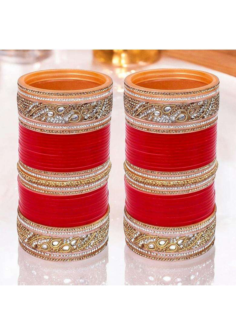 Lucky Jewellery Bridal Bangle Set Dhanteras Diwali Bhai Dooj Collection Red Designer White Kundan and Golden - Indya