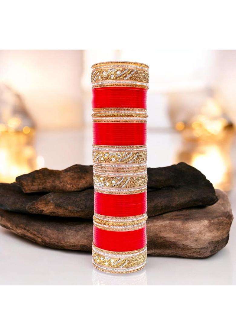 Lucky Jewellery Bridal Bangle Set Dhanteras Diwali Bhai Dooj Collection Red Designer White Kundan and Golden - Indya