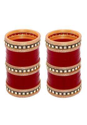 Lucky Jewellery Bridal Bangle Set Wedding Punjabi Chuda Designer Chura CZ Stone Kundan with Meenakari Maroon