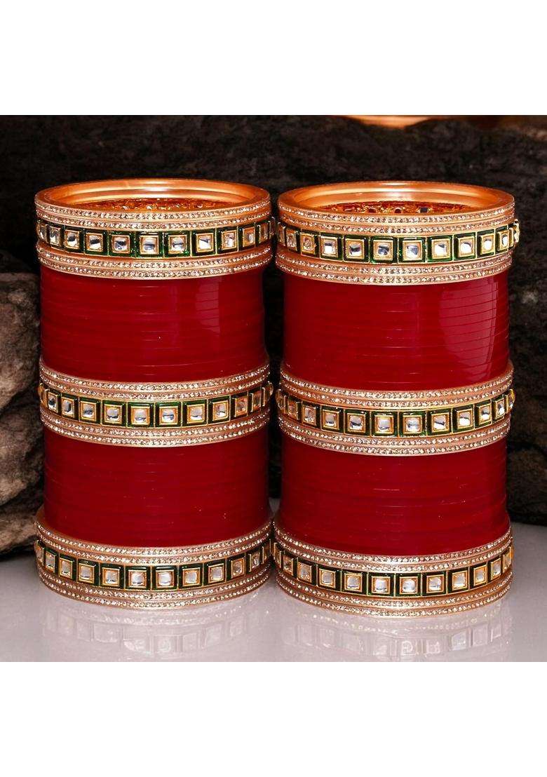 Lucky Jewellery Bridal Bangle Set Wedding Punjabi Chuda Designer Chura CZ Stone Kundan with Meenakari Maroon - Indya