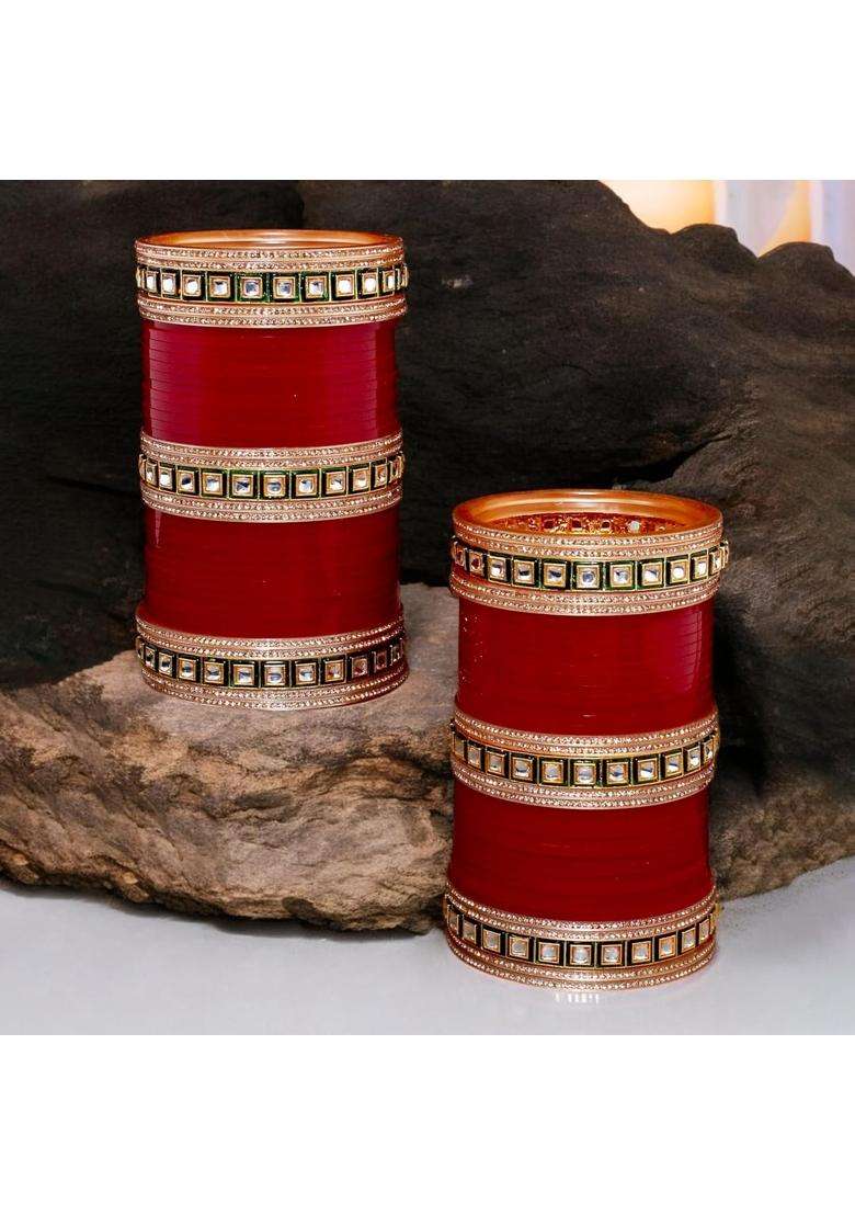 Lucky Jewellery Bridal Bangle Set Wedding Punjabi Chuda Designer Chura CZ Stone Kundan with Meenakari Maroon - Indya