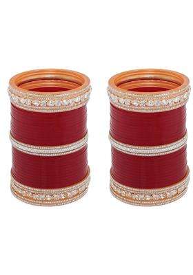 Lucky Jewellery Bridal Bangle Set Wedding Punjabi Chuda Solitair Designer Chura CZ Stone Maroon Color Choora