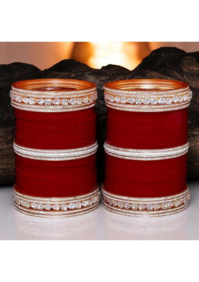 Lucky Jewellery Bridal Bangle Set Wedding Punjabi Chuda Solitair Designer Chura CZ Stone Maroon Color Choora - Indya