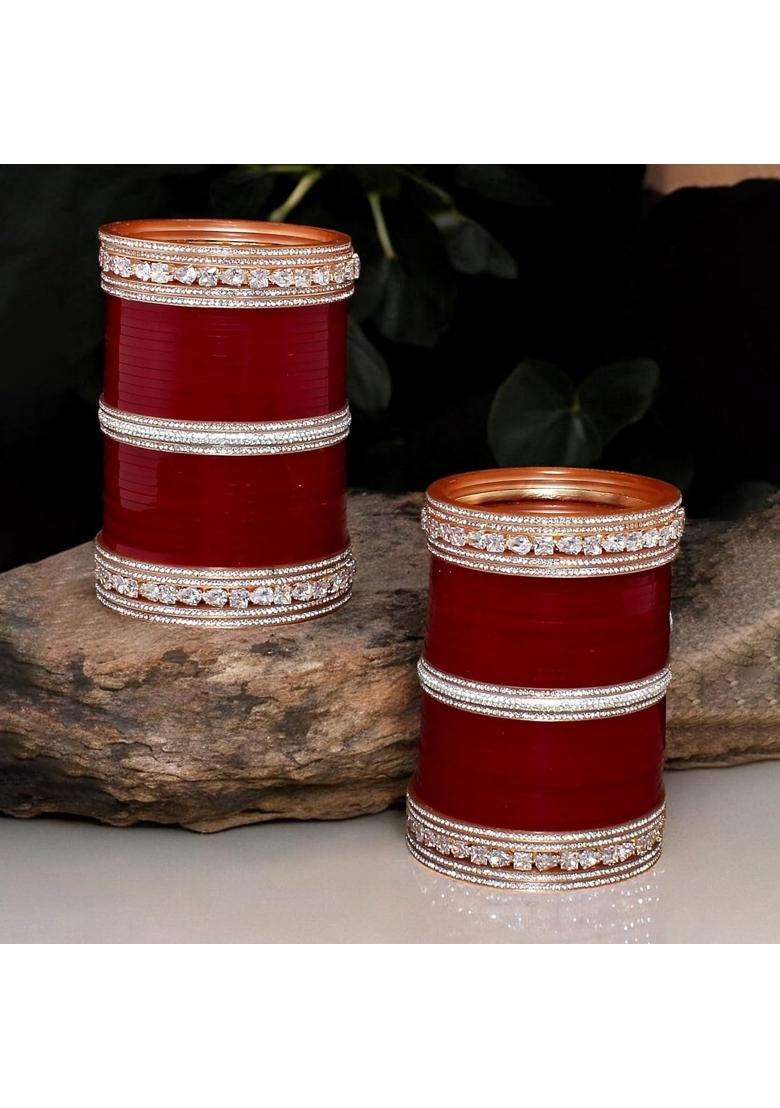 Lucky Jewellery Bridal Bangle Set Wedding Punjabi Chuda Solitair Designer Chura CZ Stone Maroon Color Choora - Indya
