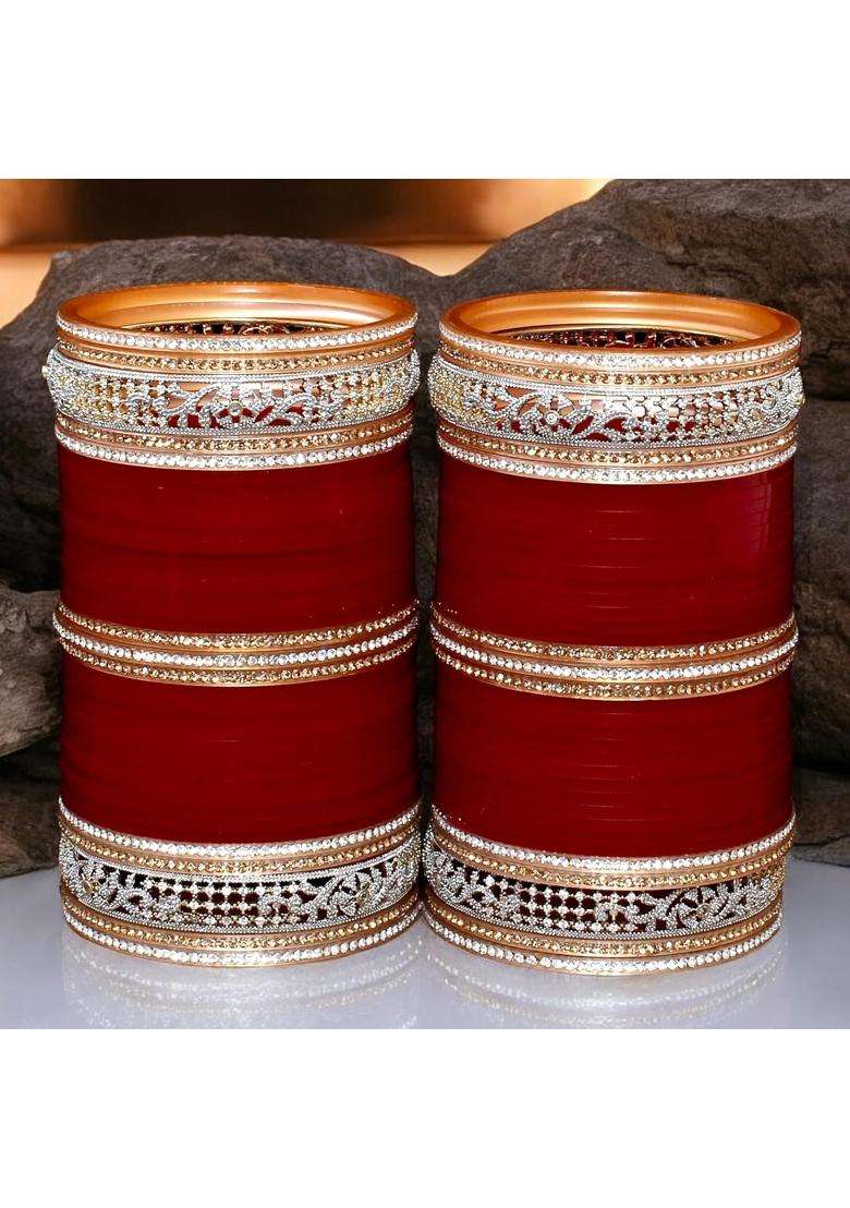 Lucky Jewellery Bridal Bangle Set Wedding Punjabi Chuda Designer Chura AD and CZ Stone Maroon Color Choora - Indya