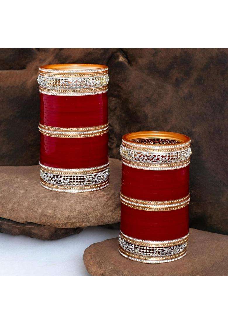Lucky Jewellery Bridal Bangle Set Wedding Punjabi Chuda Designer Chura AD and CZ Stone Maroon Color Choora - Indya
