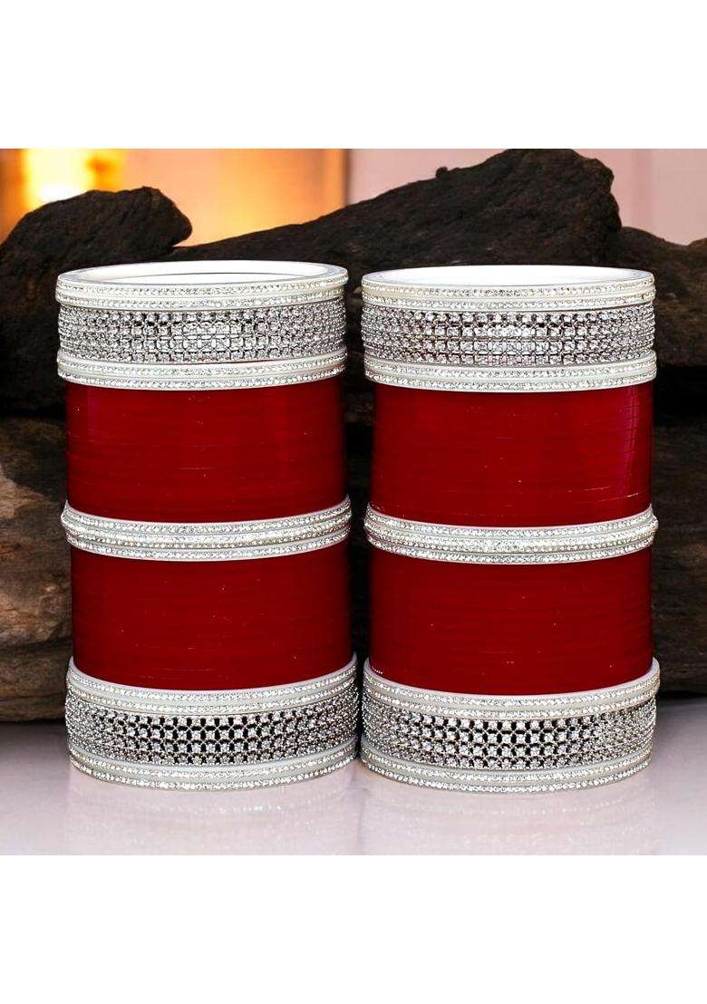 Lucky Jewellery Bridal Bangle Set Wedding Punjabi Chuda White AD Designer Chura CZ Stone Maroon Color Choora - Indya