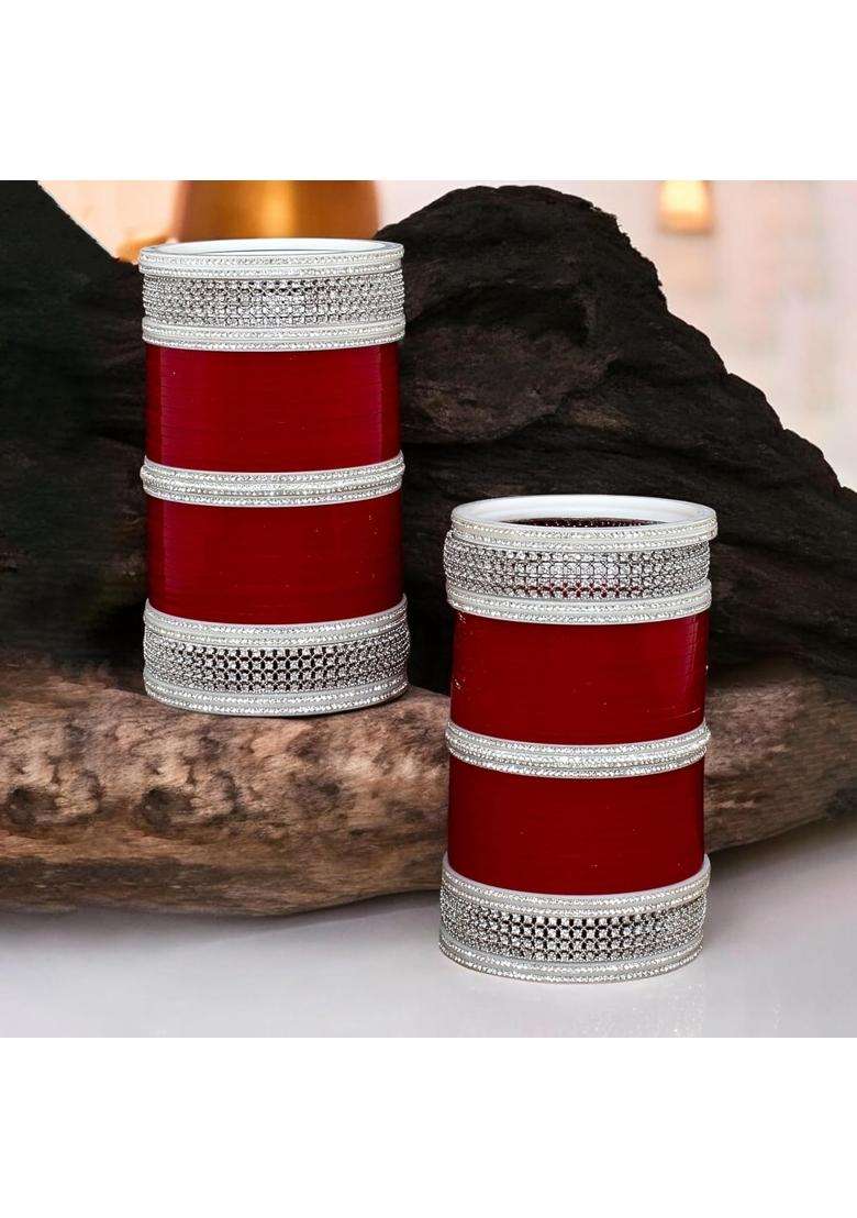 Lucky Jewellery Bridal Bangle Set Wedding Punjabi Chuda White AD Designer Chura CZ Stone Maroon Color Choora - Indya