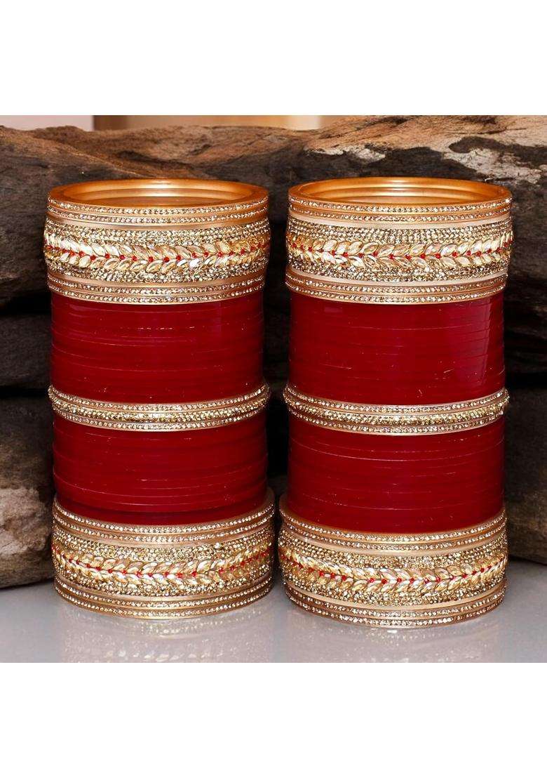 Lucky Jewellery Bridal Bangle Set Wedding Punjabi Chuda Kundan Designer Chura CZ Stone Maroon Color Choora - Indya