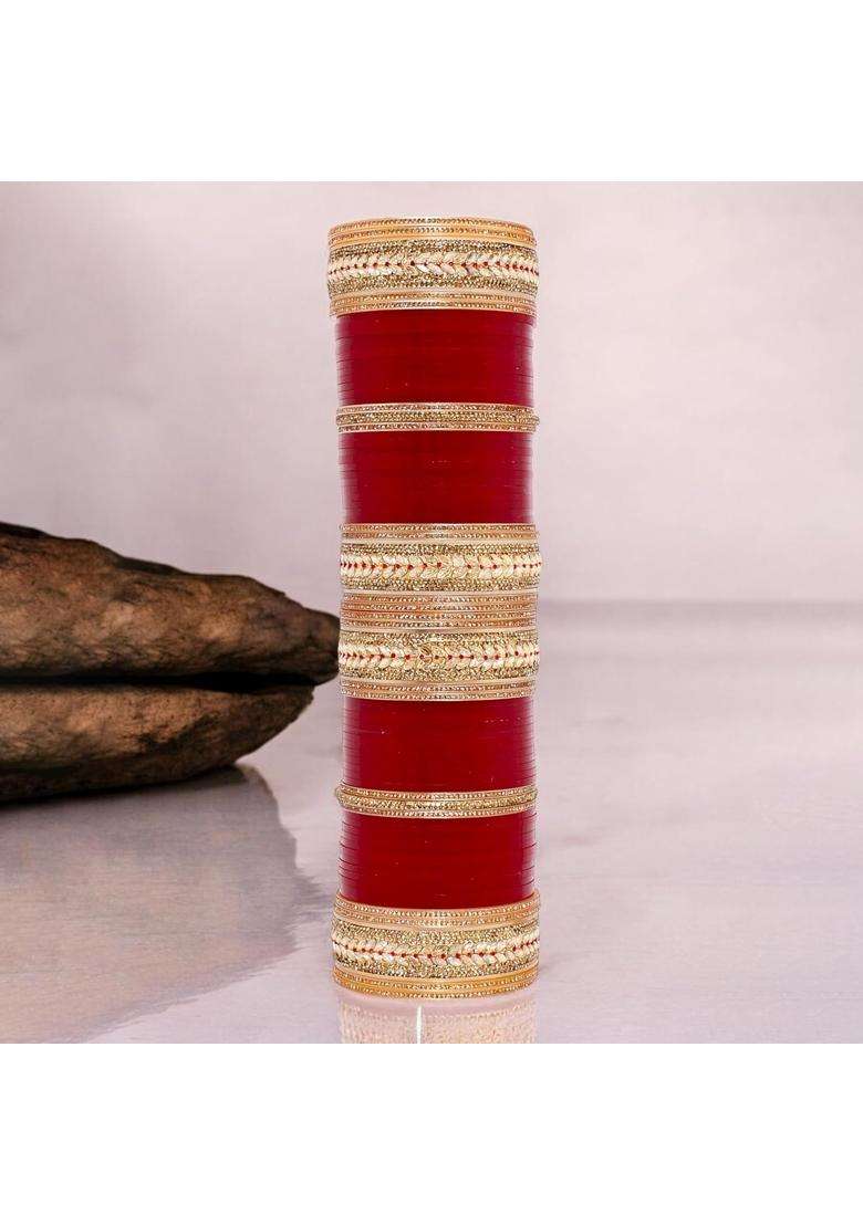 Lucky Jewellery Bridal Bangle Set Wedding Punjabi Chuda Kundan Designer Chura CZ Stone Maroon Color Choora - Indya