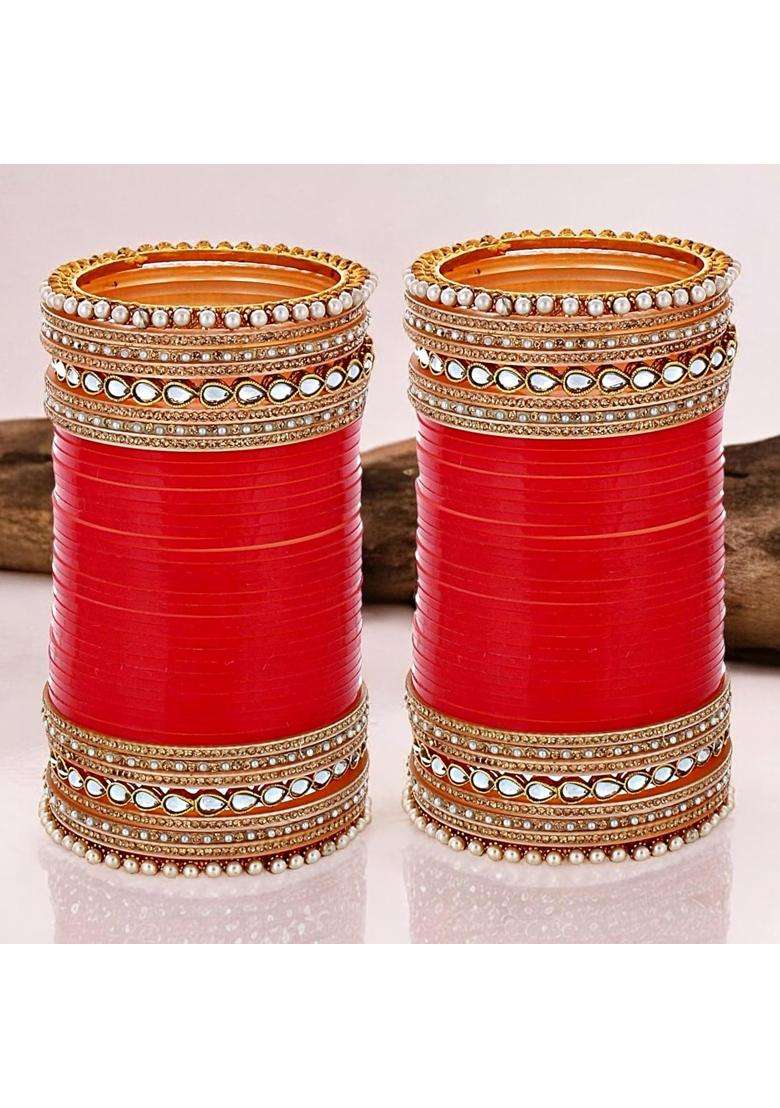 Lucky Jewellery Bridal Bangle Set Dhanteras Diwali Bhai Dooj Collection Red Designer Chura Wedding Punjabi - Indya