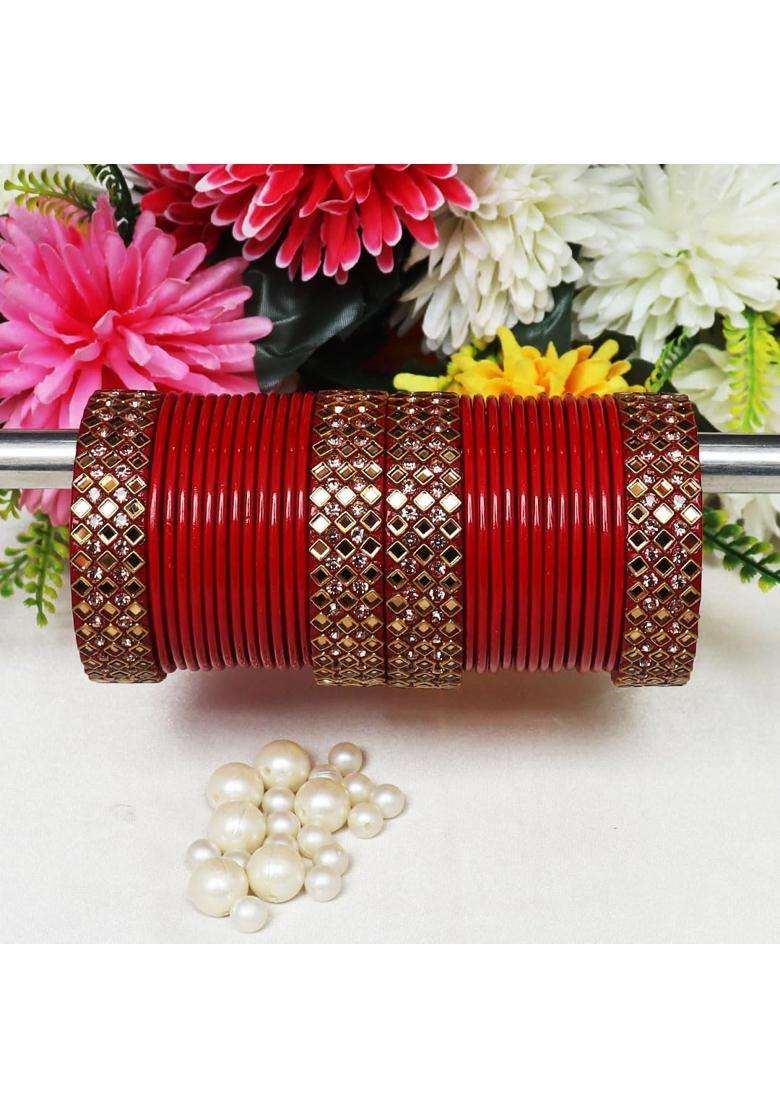 TAJ Bridal Store Red Rajasthani Kundan Lac Wedding Chura Set - Indya