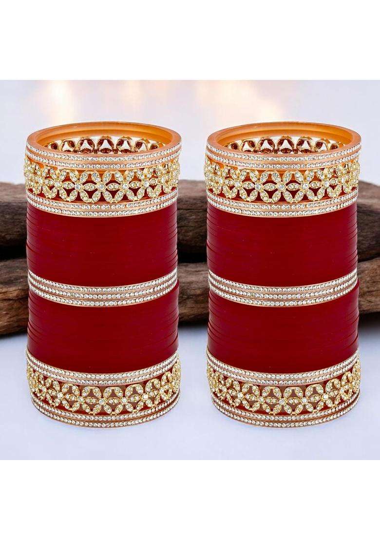 Amooca Maroon Bridal Chura Set Punjabi Wedding Designer Choora Bangles for Women - Indya