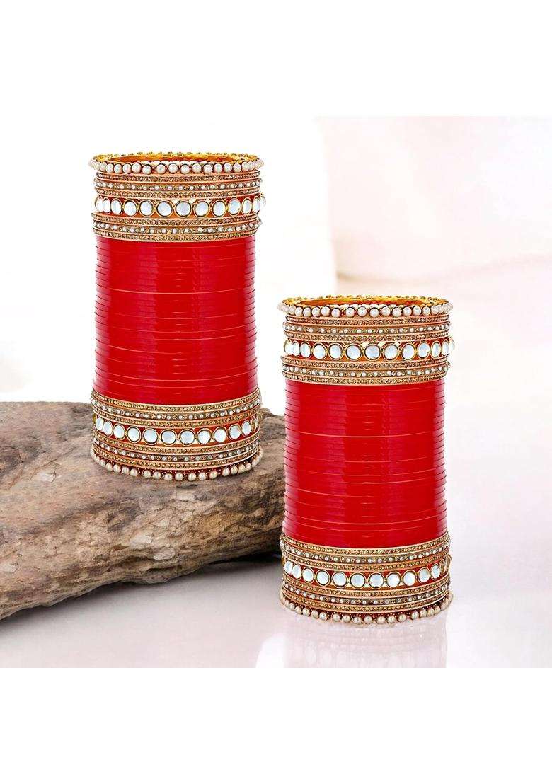 Lucky Jewellery Bridal Bangle Set Dhanteras Diwali Bhai Dooj Collection Designer Red Color Choora Wedding - Indya