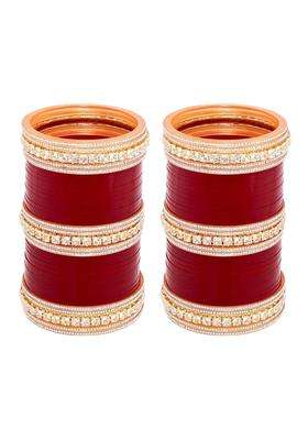 Lucky Jewellery Bridal Bangle Set Wedding Punjabi Chuda Solitair Designer Chura CZ Stone Maroon Color Choora