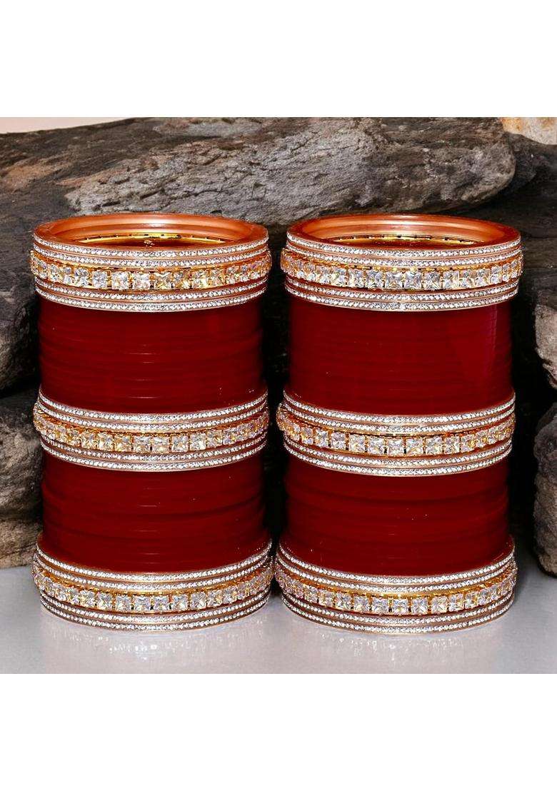 Lucky Jewellery Bridal Bangle Set Wedding Punjabi Chuda Solitair Designer Chura CZ Stone Maroon Color Choora - Indya