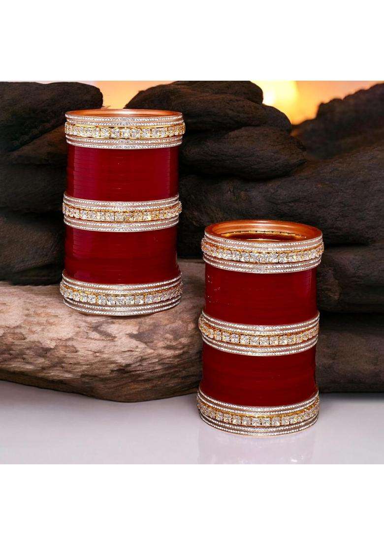 Lucky Jewellery Bridal Bangle Set Wedding Punjabi Chuda Solitair Designer Chura CZ Stone Maroon Color Choora - Indya