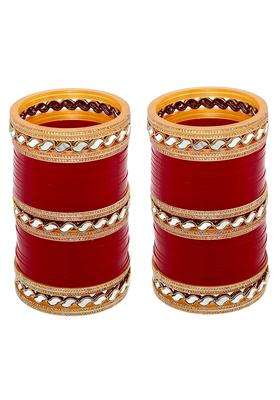 Lucky Jewellery Bridal Bangle Set Wedding Punjabi Chuda Mirror Work Designer Chura CZ Stone Maroon Color
