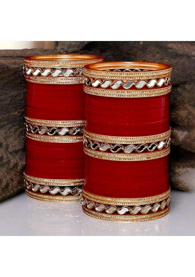 Lucky Jewellery Bridal Bangle Set Wedding Punjabi Chuda Mirror Work Designer Chura CZ Stone Maroon Color - Indya