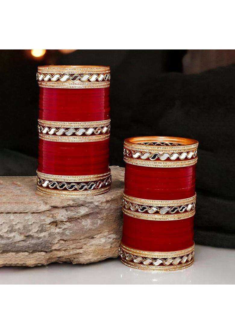 Lucky Jewellery Bridal Bangle Set Wedding Punjabi Chuda Mirror Work Designer Chura CZ Stone Maroon Color - Indya