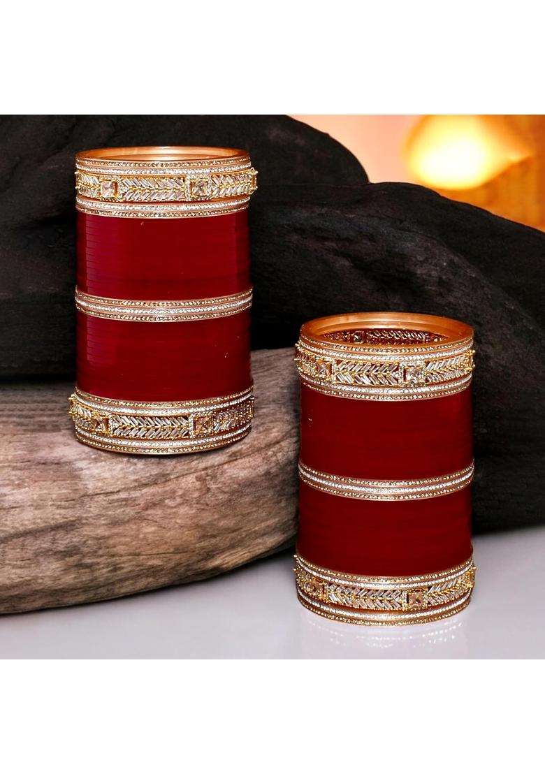 Lucky Jewellery Bridal Bangle Set Wedding Punjabi Chuda Designer Chura CZ Stone Maroon Color Choora - Indya