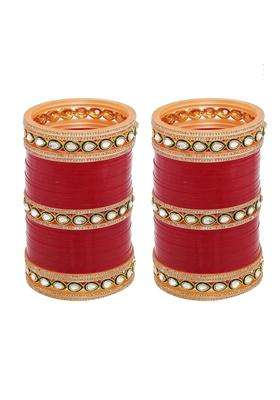 Lucky Jewellery Bridal Bangle Set Wedding Punjabi Chuda Designer Chura CZ Stone Kundan with Meenakari Maroon