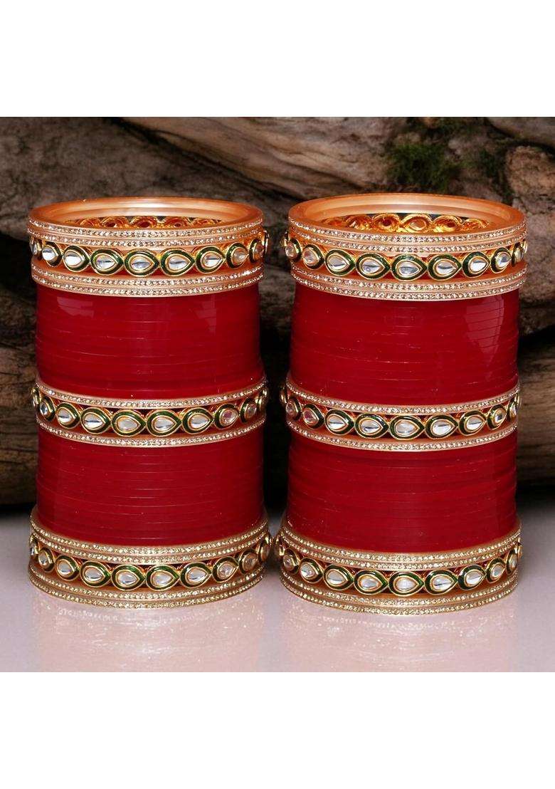 Lucky Jewellery Bridal Bangle Set Wedding Punjabi Chuda Designer Chura CZ Stone Kundan with Meenakari Maroon - Indya