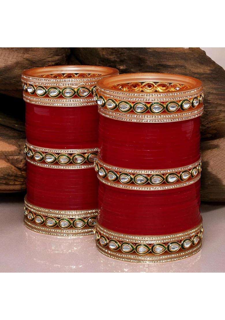 Lucky Jewellery Bridal Bangle Set Wedding Punjabi Chuda Designer Chura CZ Stone Kundan with Meenakari Maroon - Indya