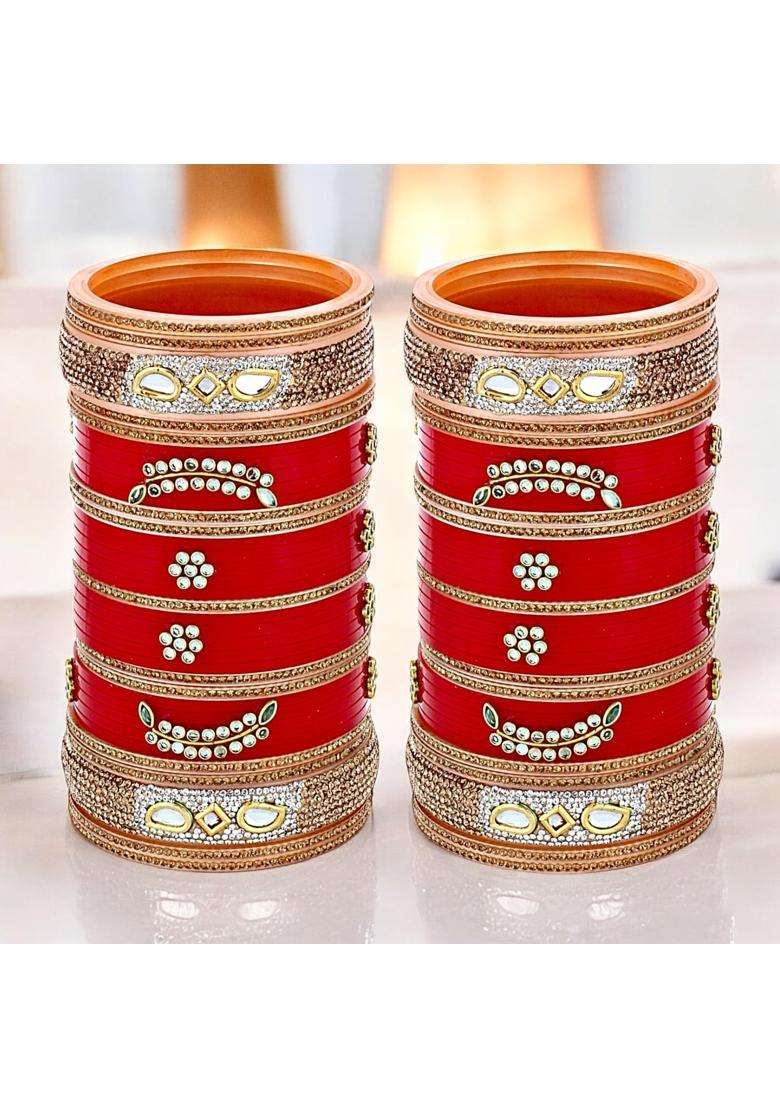Lucky Jewellery Bridal Bangle Set Dhanteras Diwali Bhai Dooj Collection Red Designer Chura Wedding Punjabi - Indya
