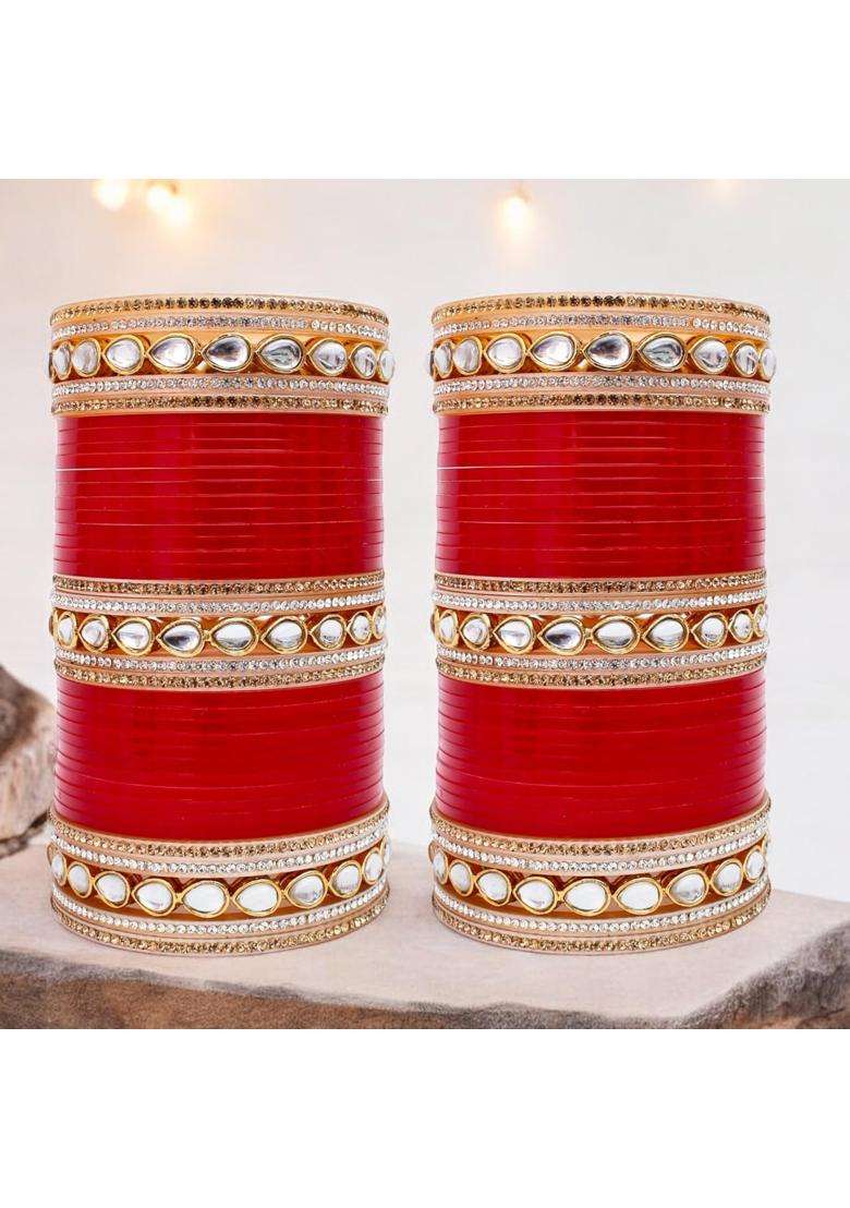 Lucky Jewellery Bridal Bangle Set Dhanteras Diwali Bhai Dooj Collection Chura Red White Kundan and Golden - Indya